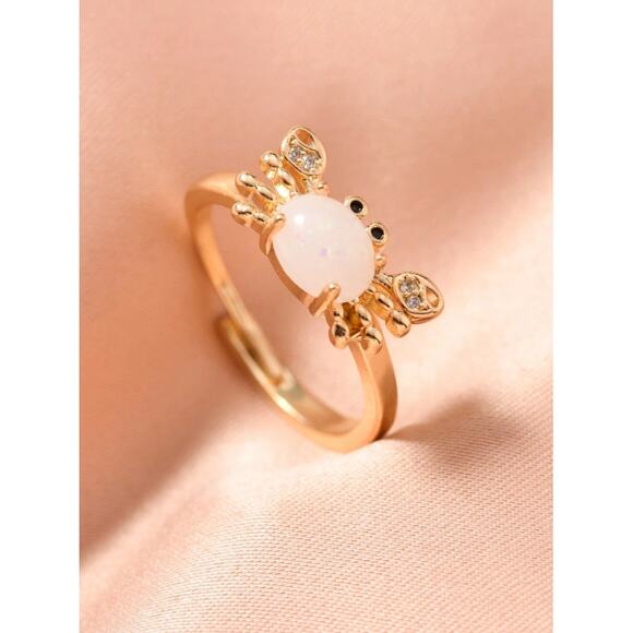 Gold Crab Ring with White Opal Stone – Adjustable Animal Ring Crystal Accents - Picture 4 of 4